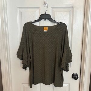 Ruby Rd. Dark Green Blouse with Ruffle Sleeves